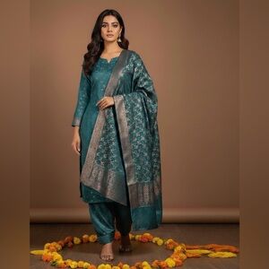 100% Silk Teal Salwar Kameez w/Copper Floral Pattern and Matching Dupatta Med/Lg